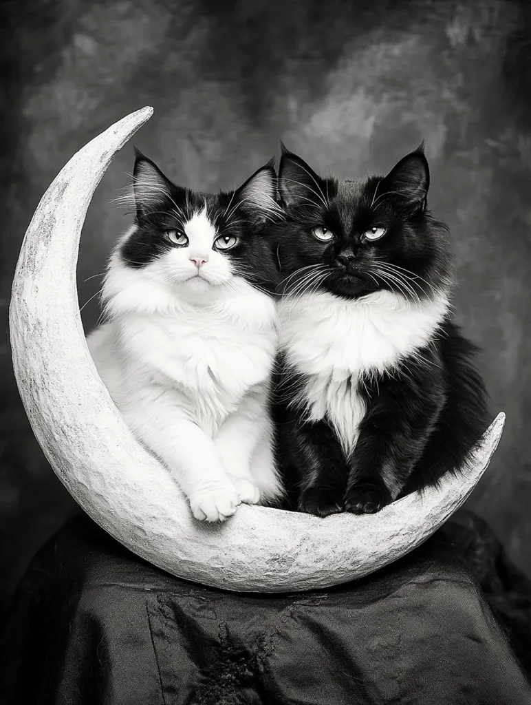 Two cats, one black and one white, are sitting on a crescent moon. The black cat is on the right and the white cat is on the left. Both cats are looking directly at the camera. The background is a grey stone wall. The image is in black and white. The cats are both fluffy and have white markings on their chests. They are sitting close together and appear to be friendly.  The image is taken at a low angle, which makes the cats appear larger. The crescent moon is a whimsical prop that adds to the playful nature of the image.