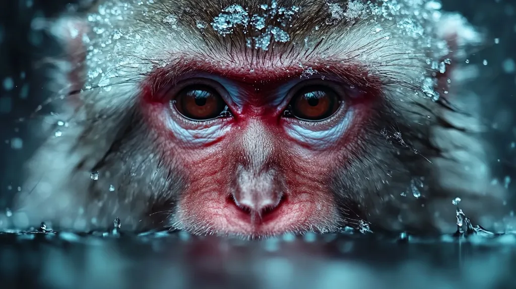 A close-up shot of a monkey's face, with a focus on its eyes and nose.  The monkey's fur is wet and covered in small water droplets, suggesting it has just been in water. The background is blurred, creating a sense of depth and drawing attention to the monkey's face.  The monkey's expression is one of intense focus, perhaps as it is about to drink. The image captures the raw beauty of the animal in its natural environment.