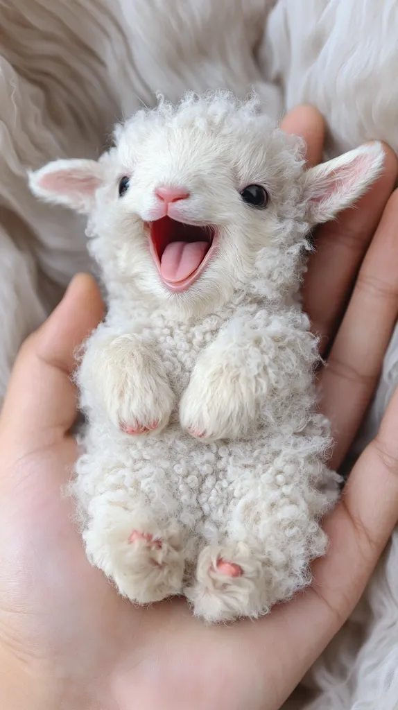A small, fluffy white lamb with big, dark eyes is held in a person's hand. The lamb is yawning with its mouth wide open, revealing its pink tongue. The lamb's fur is incredibly soft and appears to be very young. The image captures a moment of pure innocence and cuteness.
