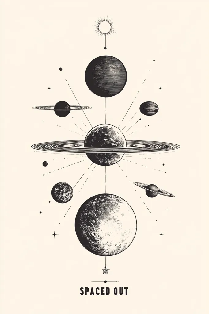 A black and white illustration of a solar system with a central sun and several planets. The planets are all drawn with a rough texture and are surrounded by rings. The illustration is minimalist and geometric, with a focus on the shapes of the planets and rings. The text "Spaced Out" is written below the image.