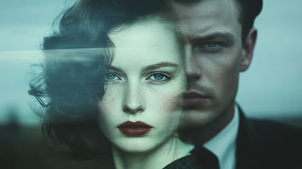 A woman with dark hair and a man in a suit are photographed in a close-up, with the man's face partially obscuring the woman's. The woman's eyes are large and blue, and she has a faint dusting of freckles. Her red lipstick is bold, while the man's expression is serious.  A hazy, ethereal effect makes the image appear dreamlike. The background is out of focus.  The image evokes a sense of mystery and intrigue.