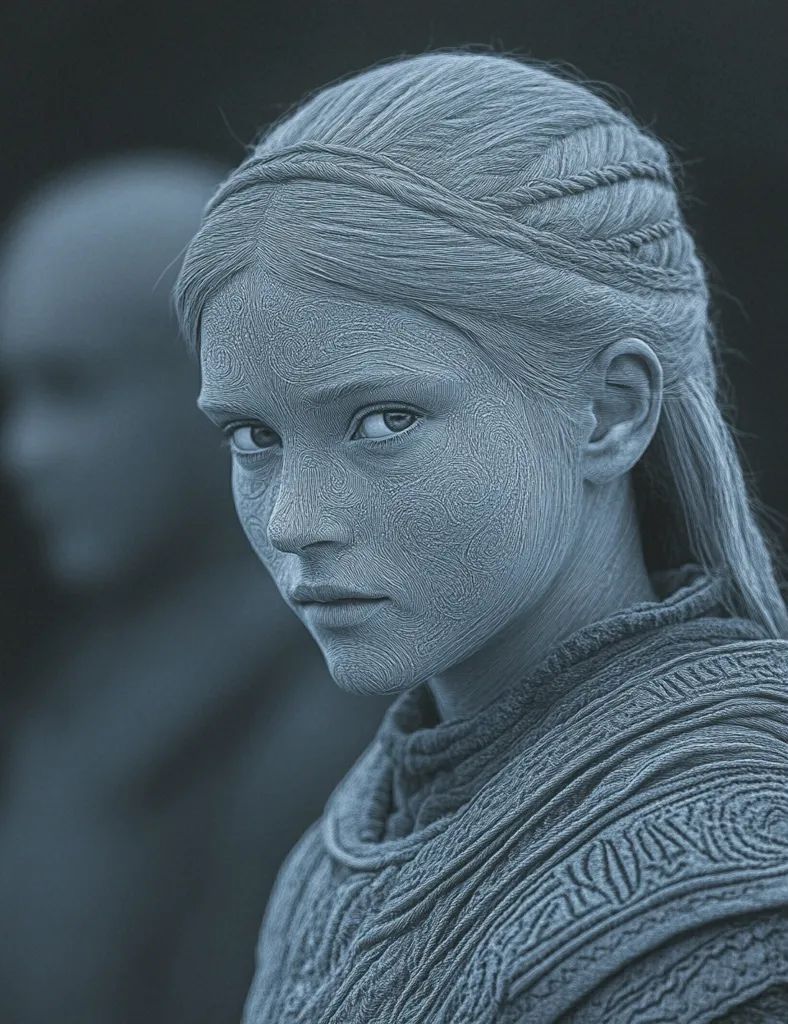 The image is a close-up portrait of a young woman. Her hair is long and braided, with a thin headband. She has a serious expression on her face, and her eyes are looking intensely at something off-screen. The image is in blue tones, giving it a cold and slightly melancholy feel. The woman's clothing appears to be made of a rough, textured material, possibly leather or wool.  The background is blurred, focusing attention on the woman's face and features.