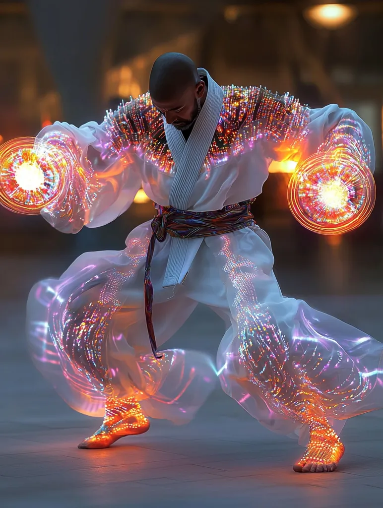A man in a white martial arts uniform, illuminated by glowing lights, performs a dramatic pose. The fabric of his uniform appears to be infused with glowing lights, creating an ethereal and futuristic effect. His movements are powerful and expressive, suggesting a blend of strength and grace. The image evokes a sense of otherworldly power and a fusion of traditional and technological elements.