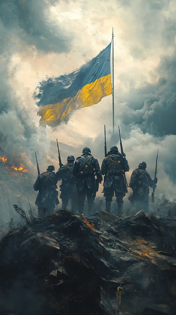 Five soldiers stand on a rocky hilltop, their backs to the viewer. They hold rifles and look towards a Ukrainian flag flying in the wind. The flag is tattered and slightly obscured by smoke and clouds. The soldiers are silhouetted against a dramatic sky with hints of fire burning below them. The scene evokes a sense of courage and defiance in the face of adversity.