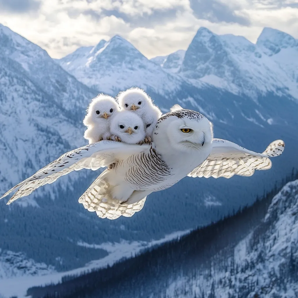 A snowy owl flies through a snowy mountain range with three owlets perched on its back. The owl is in mid-flight, its wings spread wide. The owlets are looking out at the scenery. The image is a beautiful example of the majesty of nature.
