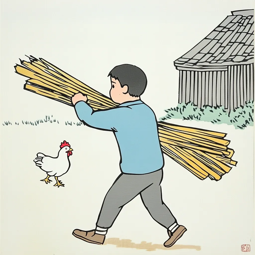 A cartoon man in blue shirt and gray pants is carrying a bundle of wood on his back. He is walking toward a simple shed with a gray roof. A white chicken with red wattle is watching him from the ground. The scene is set against a white background.