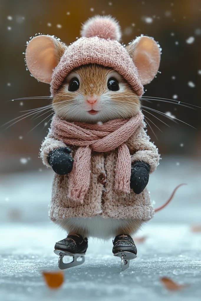 A cute mouse wearing a pink knitted hat, scarf, and sweater stands on ice skates on a frozen pond.  The mouse has big eyes and a sweet expression, and its fur is soft and fluffy. The background is blurry, with snowflakes falling gently. The image evokes a sense of winter wonder and innocence.