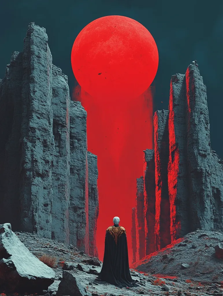 A lone figure in a black cloak stands in a desolate landscape of grey rock formations. A large, glowing red orb, seemingly a moon, hangs above, casting a crimson glow on the surroundings. The image creates a sense of otherworldly isolation and mystery, with the figure's back turned towards the viewer.