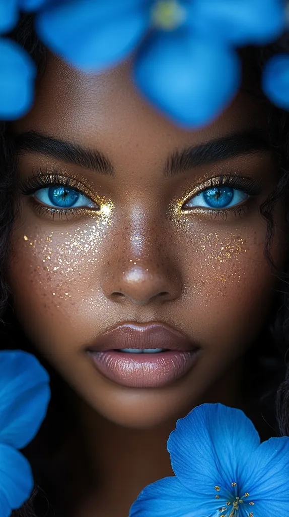 A close-up portrait of a woman with dark skin, blue eyes, and full lips. The woman's face is adorned with gold glitter, creating a shimmering effect.  She is framed by large, vibrant blue flowers that partially obscure her view. The image exudes a sense of beauty and etherealness.