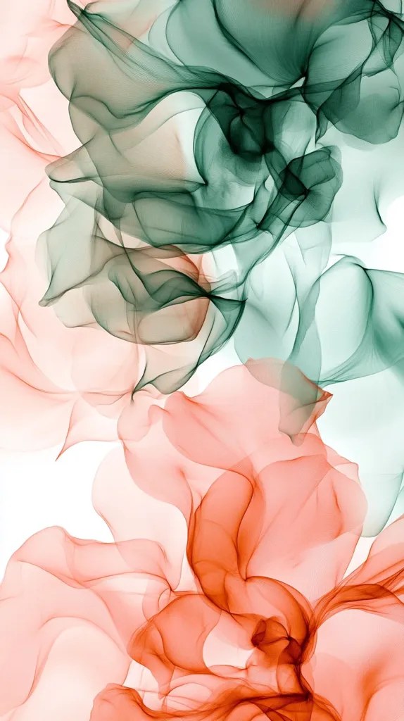 The image features a swirling, abstract design in shades of green and orange. The colors are muted and blended together, creating a soft and ethereal effect. The design resembles flowing smoke or fabric, creating a sense of movement and fluidity. The background is white, providing a stark contrast to the vibrant colors of the abstract shapes.