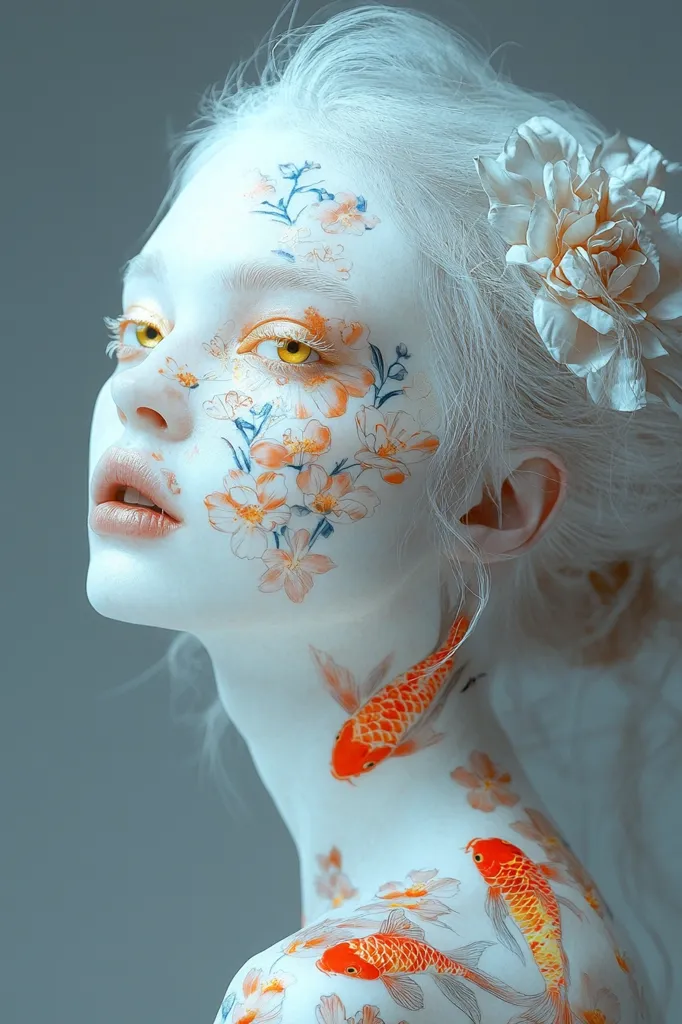 The image features a woman with white hair and skin. She is adorned with delicate floral tattoos and orange koi fish painted on her face and body. The pale blue background and the woman's light features create a serene and ethereal mood. The image is a beautiful depiction of nature and artistry.