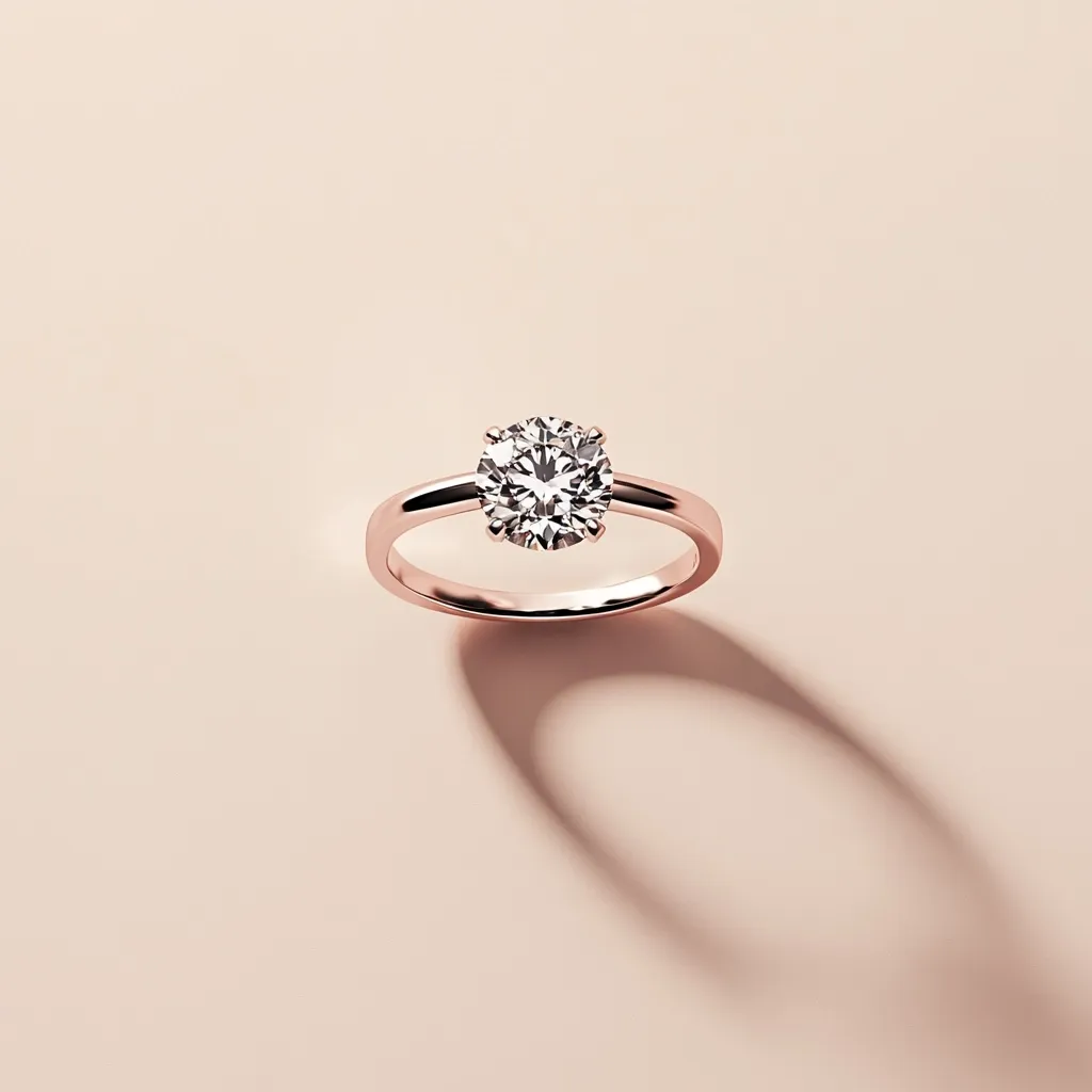 The image shows a rose gold engagement ring with a large, round, brilliant-cut diamond. The ring is set against a soft, pink background and casts a shadow. The diamond sparkles with brilliant facets and reflects the light. The simple design of the ring highlights the beauty of the diamond.  The ring is a symbol of love and commitment.