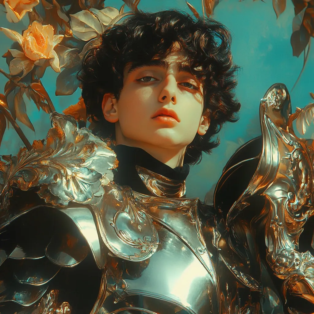 A young man with dark curly hair and piercing blue eyes stares intensely at the viewer. He is wearing a gleaming suit of ornate armor, adorned with intricate floral designs. The background features a blurry image of golden flowers and a blue sky, suggesting a magical or fantasy setting. The overall mood is captivating and slightly mysterious.
