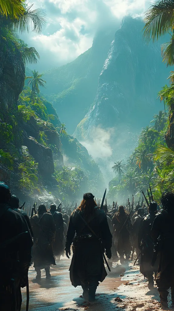 A large group of people, clad in dark clothing and carrying weapons, march through a lush jungle valley. They are headed towards a towering, mist-shrouded mountain in the distance. The scene is bathed in a soft, ethereal light, creating an atmosphere of mystery and intrigue.