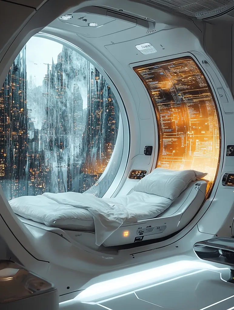 The image depicts a futuristic bedroom, with a large circular window overlooking a cityscape. The room is sleek and modern, featuring a white bed with a soft comforter and a glowing display screen on the wall. The design suggests a space-age or sci-fi aesthetic, with smooth curves and futuristic technology. The city outside the window is a futuristic vision with glowing buildings and a sense of wonder. The image creates a sense of serenity and technological advancement.