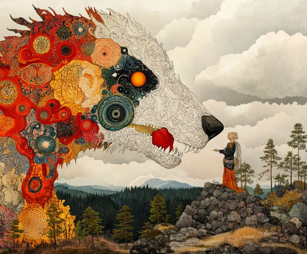 A large, fearsome, and colorful wolf-like creature with a snarling mouth and detailed patterned body looms over a small, lone figure standing on a rocky outcrop.  Behind the creature, a forest stretches across the horizon with a cloudy sky above. The image is painted in a vibrant, stylized manner with rich colours.