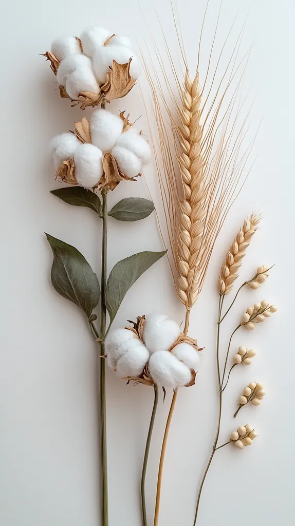 A simple arrangement of dried cotton bolls and wheat stalks, against a plain white backdrop. The cotton bolls are fluffy and white, while the wheat stalks are a soft, light brown. The stems are thin and delicate, adding to the overall sense of elegance and simplicity.  The light, natural tones of the image create a feeling of calm and tranquility.