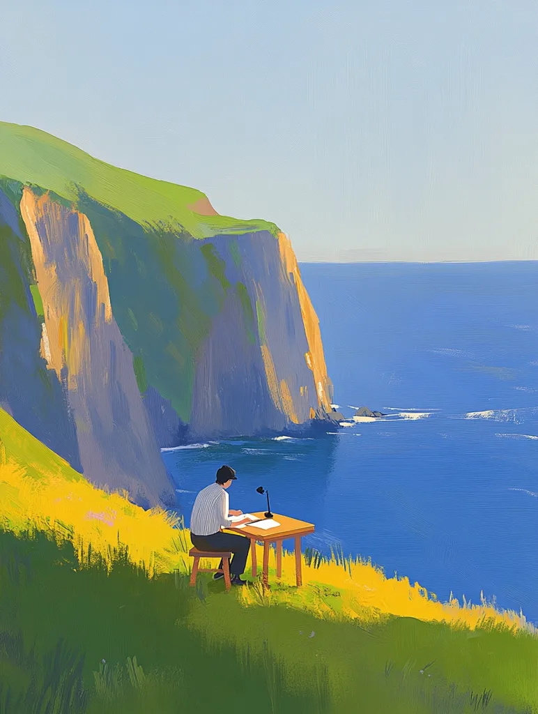 A man sits at a desk on a grassy cliff overlooking a vast, blue ocean. The cliff is tall and steep, with a green grassy top. The sky is a pale blue, and the sun is shining brightly. The man is wearing a white shirt and a black cap, and he is writing on a piece of paper. He is working on a peaceful, scenic day.