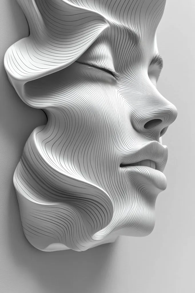 A white, abstract sculpture of a woman's face, created using layers of thin, curved lines. The face is in profile, with the woman's eyes closed and her mouth slightly open. The sculpture is minimalist and geometric, with a smooth, flowing surface. It evokes a sense of tranquility and grace.