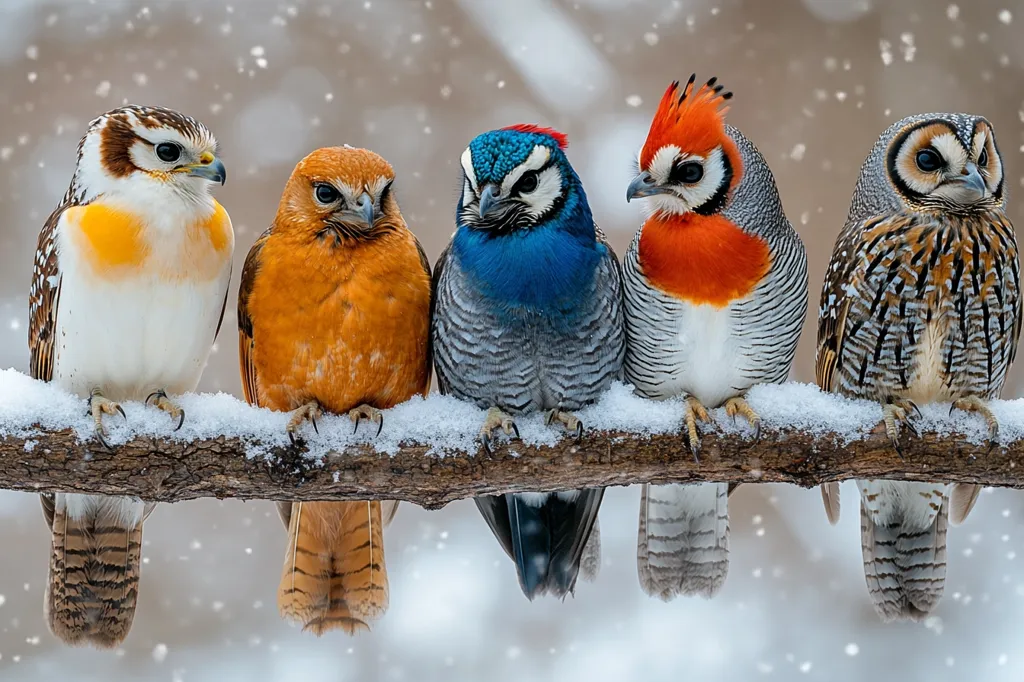 Five birds of various colors and patterns are perched on a snow-covered branch. The birds are a white and yellow bird with black stripes, an orange bird with black stripes, a blue and grey bird, a red and white bird with black stripes, and a brown and white bird with black stripes.  The background is a soft brown and white, with falling snow.