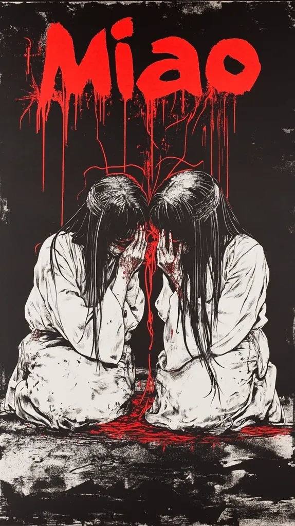The image is a black and white drawing with red accents of two women with long black hair, wearing white clothing, and kneeling. The women are crying and covering their faces with their hands, and the word “Miao” is above them in red, dripping with blood. The drawing is on a dark background with red blood splatters. The image is ominous and suggestive of a violent or sadistic scene.