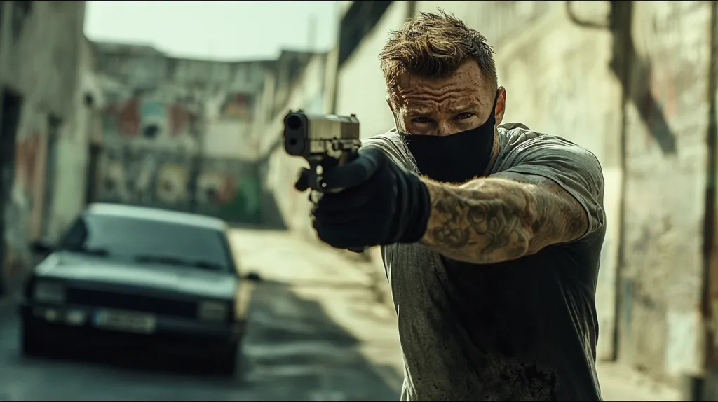 A man with a black face mask and tattoos is holding a gun in his right hand, pointed towards the camera. He is wearing a grey t-shirt and black gloves. He is standing in a narrow street with a blurry car in the background. The image has a gritty and dark aesthetic.