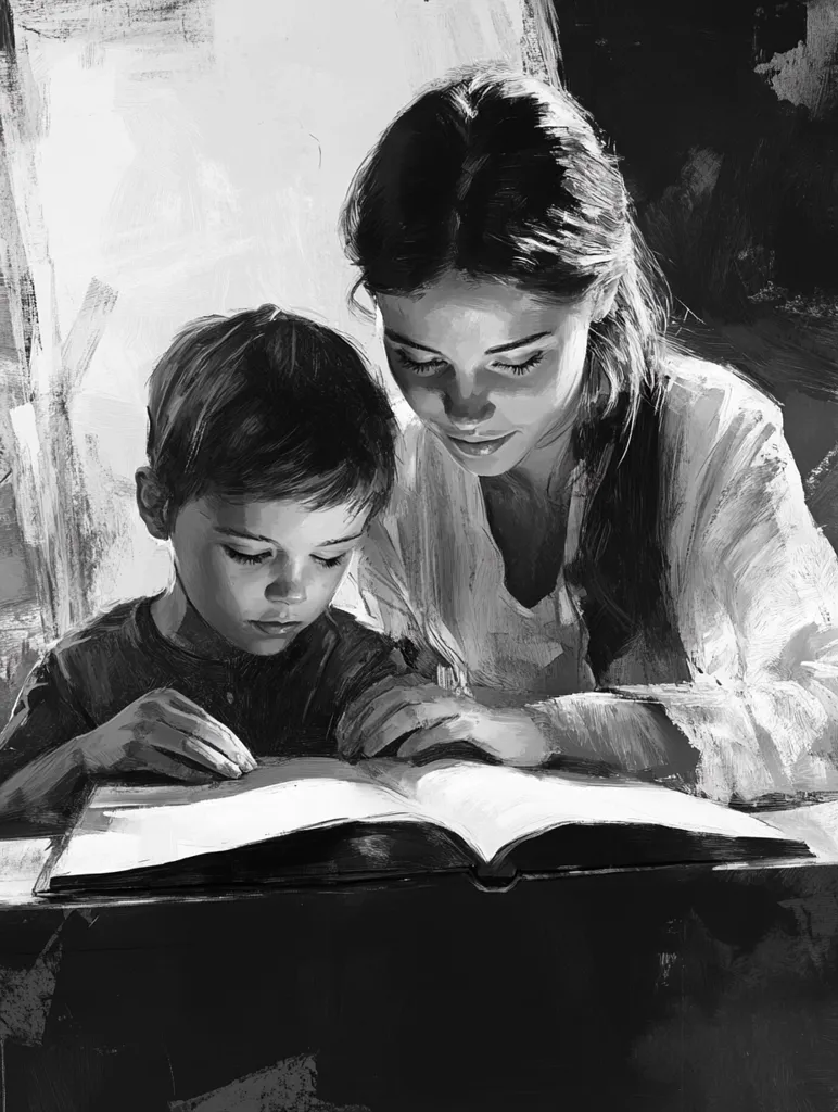 A young boy sits at a table, intently reading a book. A woman, likely his mother, looks down at him with a soft smile. The image is in black and white, creating a sense of intimacy and focus on the simple act of reading. Light streams from a nearby window, illuminating the scene. The artwork suggests a tender moment of shared learning and love.