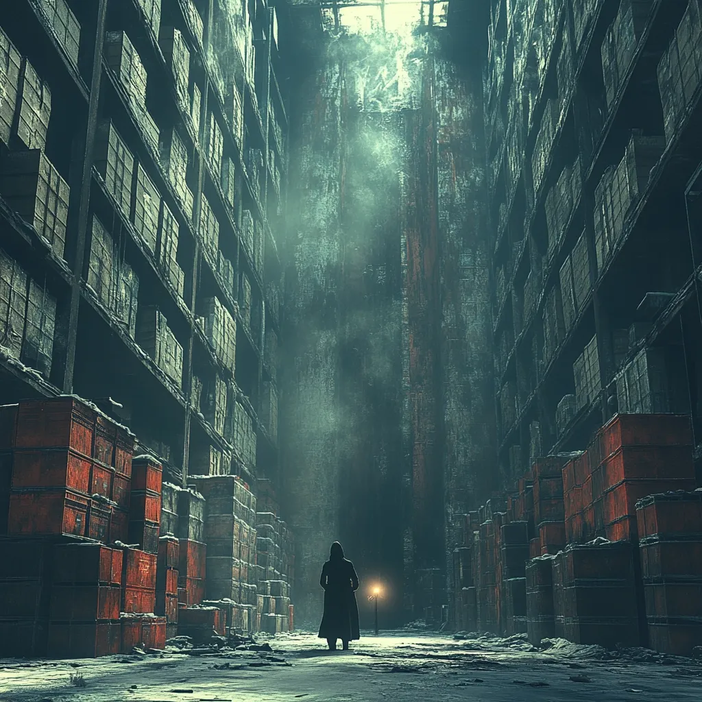 A lone figure walks down a long, narrow, and eerie corridor lined with towering shelves. The shelves are packed with boxes, giving the impression of a forgotten warehouse. The air is thick with dust and mist, and the only light comes from a single lamppost at the end of the corridor. The figure is wearing a hooded cloak, adding to the sense of mystery and intrigue.  The scene is ominous and suggestive of something hidden or lost in the depths of this vast and desolate space.