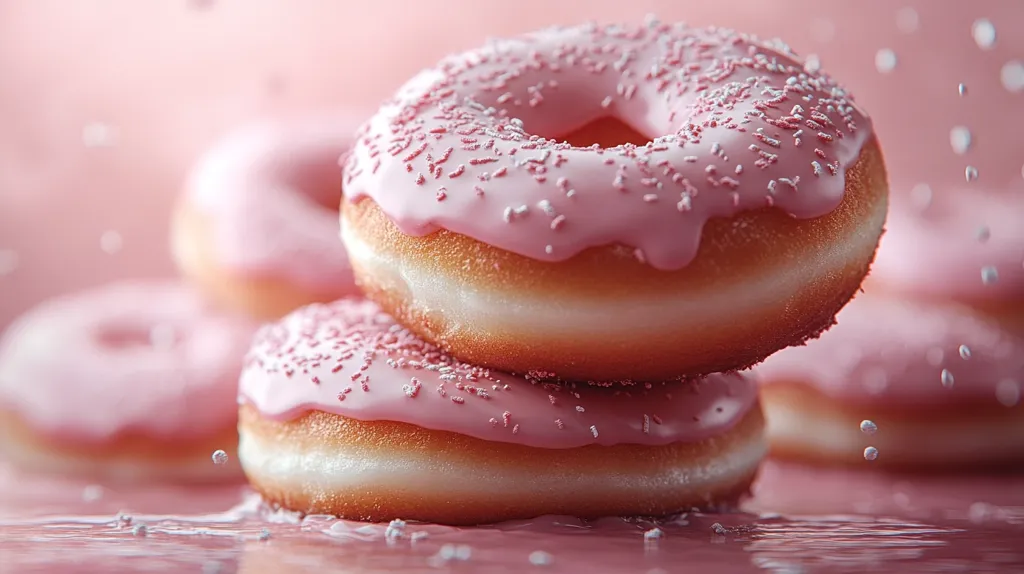 A stack of four pink donuts with white sprinkles and a pink glaze are sitting on a pink surface. The donuts are slightly out of focus, and there are small white sprinkles floating in the air around them. The image is shot from a low angle, and the donuts are the main focus of the image.  The background is a blurry pink color.