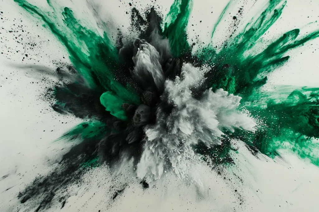 A vibrant explosion of color, a cloud of green, grey, and black powder bursts outwards from the center of the image. The powder forms intricate shapes, with a white center surrounded by shades of green and black, creating a dramatic and dynamic composition. The vibrant colors and the explosive nature of the image are captivating and eye-catching.