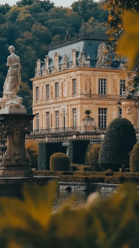 A grand, yellow-stone chateau stands tall against a backdrop of lush greenery. Its intricate details and tall windows are visible, while a statue of a woman stands in the foreground. The chateau is surrounded by perfectly manicured gardens, leading to a serene reflecting pool. The image captures the beauty and grandeur of a bygone era.