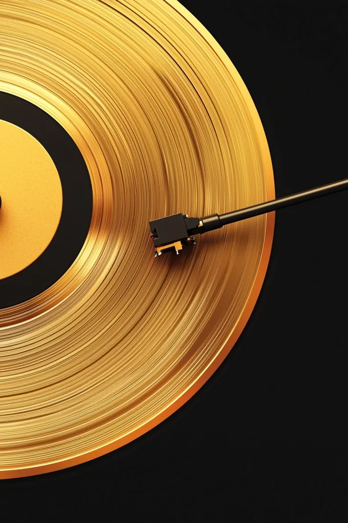 A close-up of a golden vinyl record with a black tonearm resting on the edge of the record. The golden grooves of the record are visible, as well as the small black center label. The background is black, creating a stark contrast with the gold. The image evokes a sense of classic music and vintage style.