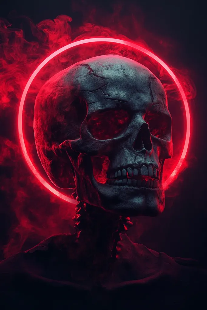 A dark and ominous image of a human skull in the center of a glowing red halo.  The skull is partially obscured by smoke, adding to the eerie and mysterious atmosphere. The image evokes a sense of death, danger, and the unknown.  It could be a representation of the end of life, the transition between worlds, or the power of the unseen forces.
