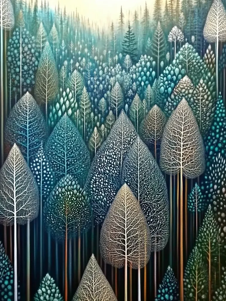 A stylized forest scene with tall, slender trees. The trees are depicted with intricate detail, their leaves resembling delicate patterns of dots and lines. The colors are predominantly shades of blue and green, creating a cool and ethereal atmosphere. The background features a hazy, distant view of a larger forest. The image evokes a sense of mystery and tranquility.