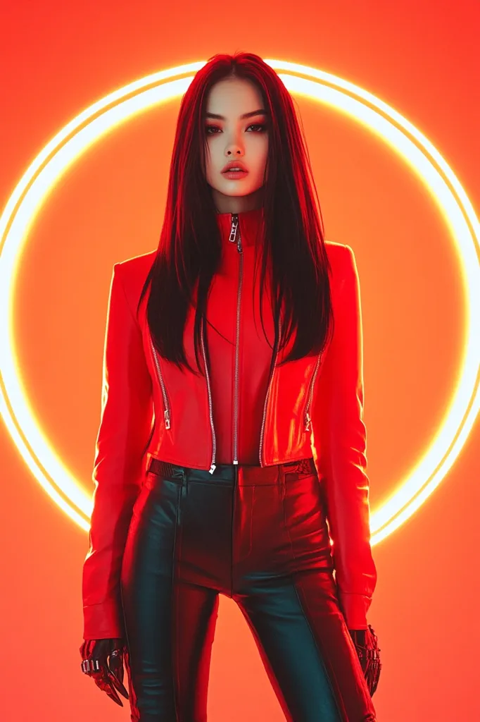 A young woman with long black hair stands against a bright red background. She is wearing a red leather jacket and black leather pants. A large, glowing orange ring is behind her, adding to the dramatic and futuristic aesthetic of the image. Her expression is intense, conveying a sense of confidence and power. The lighting and colors create a striking contrast, highlighting her features and adding to the overall visual impact.