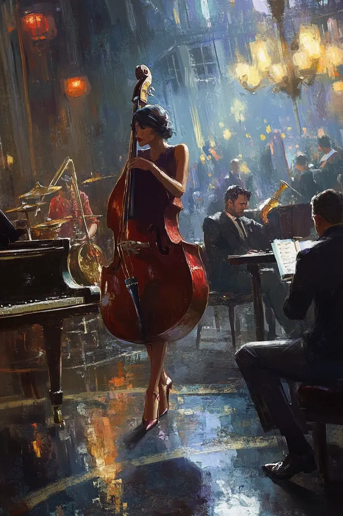A woman in a red dress plays a double bass in a dimly lit jazz club. A man in a suit sits at a piano, while another man in a suit sits behind him, playing a trumpet. The scene is full of musical energy, with the warm glow of the stage lights reflecting on the floor. The painting captures the feeling of a lively and intimate performance.