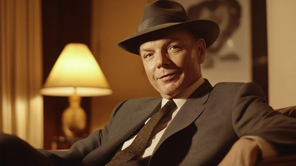 A man in a suit and fedora leans back in a chair, a lamp casting a warm glow on him. He has a relaxed, confident expression, and his eyes seem to hold a hint of mischief. The background is blurred, suggesting a sense of privacy and intimacy. The overall mood is one of sophisticated elegance.