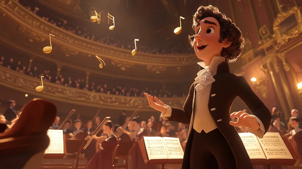 A young man, animated in a cartoon style, stands in a grand concert hall, wearing a black suit and a white ruffled shirt, and conducts an orchestra with a smile on his face. Gold musical notes float above him as the audience watches in the balconies. The scene is filled with excitement and joy, celebrating the power of music.