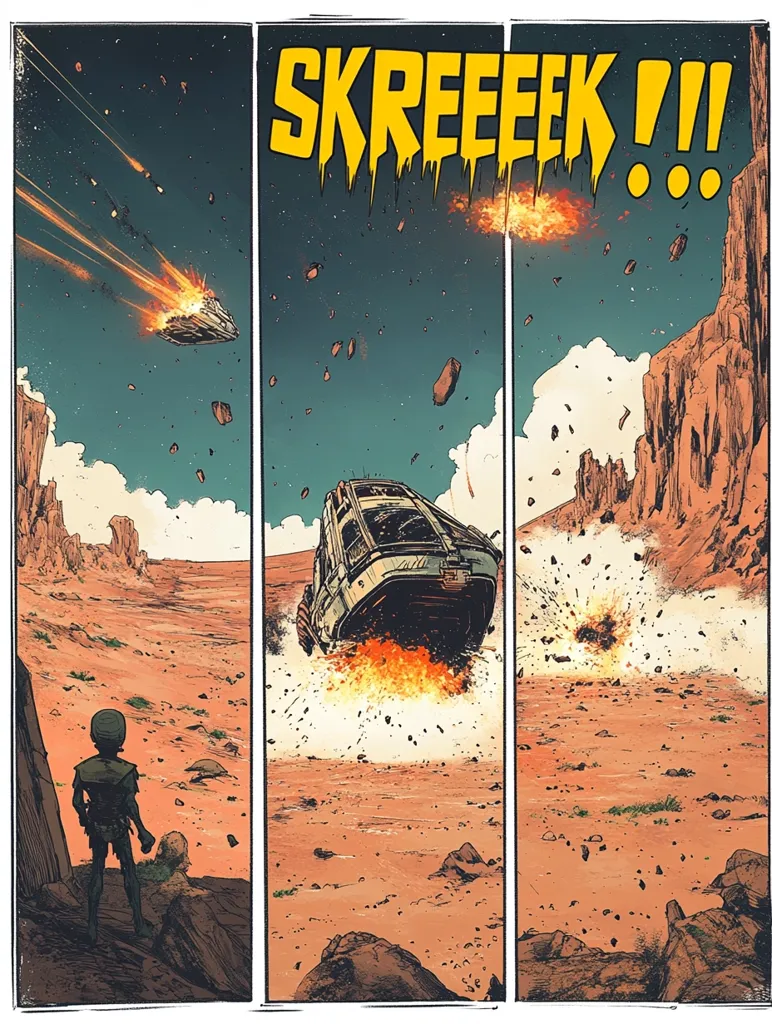 The image depicts a comic book panel split into three sections. In the center, a futuristic vehicle crashes to the ground in a cloud of fire and debris. The sound effect "SKREEEKK!!" dominates the top of the panel. On the left, a small figure stands in the distance, observing the crash. The background features a rocky, desert landscape with a distant sky filled with falling debris. The right section shows the crash site from a slightly different perspective, highlighting the explosive force of the impact.  The overall style is a gritty, hand-drawn aesthetic, typical of comic book art.