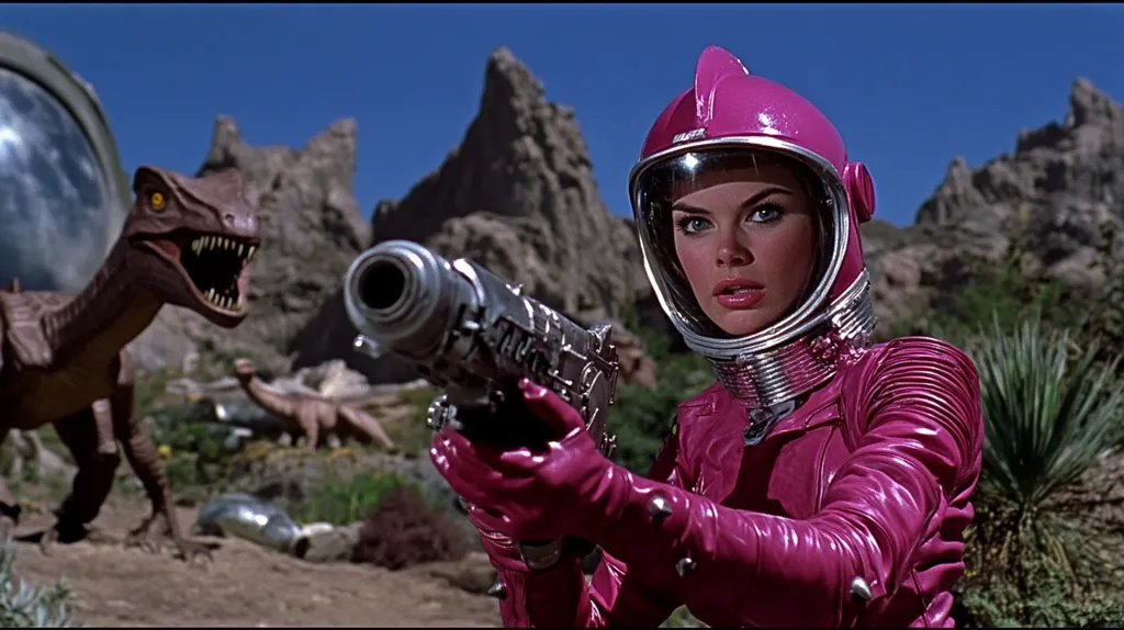 A woman in a pink spacesuit and helmet holds a futuristic gun. Her face is determined as she stares at a large, reptilian creature that is looking directly at her. The scene takes place on a barren, rocky landscape under a bright blue sky.  Behind the woman are large rock formations that rise in the distance. The overall image evokes a sense of danger and suspense.