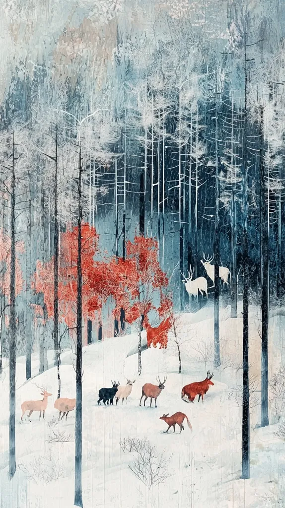 A snowy forest scene with a cluster of bare trees in the background and a patch of red leaves in the foreground. There are a few deer and a fox in the clearing. The image is painted in a muted palette, conveying a sense of quiet and solitude.