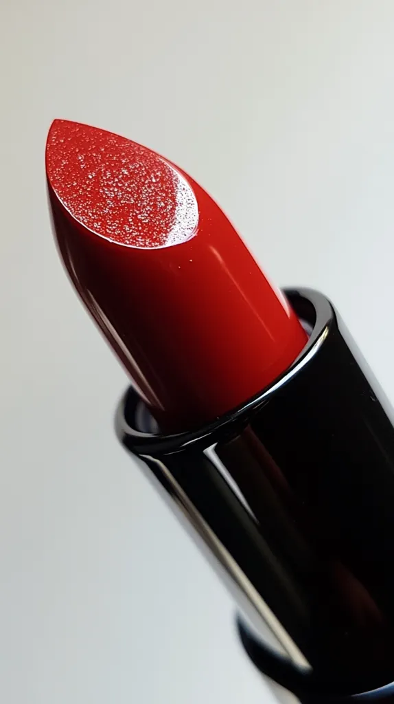 A close-up shot of a red lipstick with a black casing. The lipstick is shiny and has a slight shimmer. The casing is sleek and has a reflective surface. The image is focused on the lipstick and the background is blurred out. The image is taken from an overhead angle.