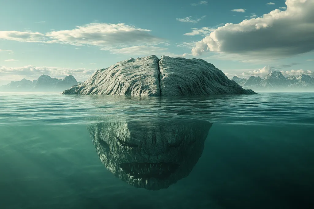 The image depicts a rocky island rising from a calm, turquoise sea. The island is split in two, creating a jagged, almost toothy, silhouette against the cloudy sky. The waterline reveals the submerged part of the island, revealing a monstrous, fanged face. The scene is unsettling and mysterious, suggesting a hidden danger lurking beneath the surface.