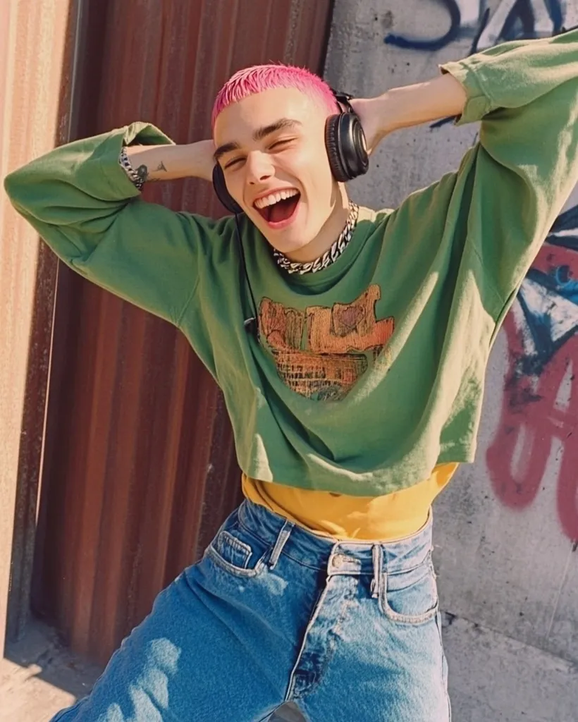 A young man with pink hair and a green sweatshirt is laughing while wearing headphones. He is wearing blue jeans and a yellow undershirt.  He is standing against a wall with graffiti. The photo is taken from a slightly low angle, giving a dynamic perspective.  The lighting is bright and the background is blurred, creating a strong focus on the subject.