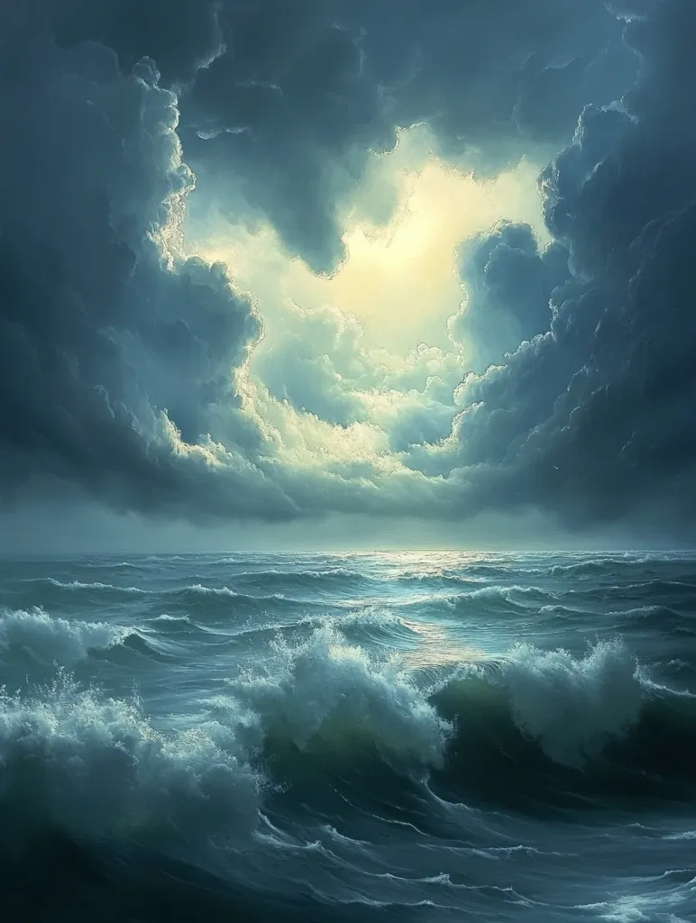 The image depicts a vast, stormy sea with large, rolling waves. The sky is filled with dark, dramatic clouds, but a single shaft of sunlight breaks through, illuminating the water below. The scene evokes a sense of awe and wonder, suggesting the power and beauty of nature.
