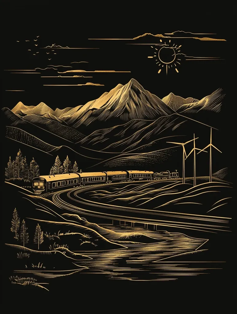 A train travels through a mountain valley, depicted in a gold and black illustration. The train is winding along a river and a bridge. The mountain peaks are sharp and tall with a sun shining in the sky above. The sky is filled with small birds flying in formation. Windmills stand tall in the distance. The image is a striking depiction of travel and the natural world.