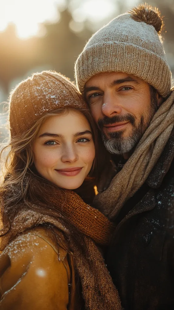 A man and a woman are standing close together, both wearing winter hats and scarves. The woman is leaning into the man, her head resting on his shoulder. The man is looking at the camera with a warm smile. The couple is in a snowy outdoor setting.