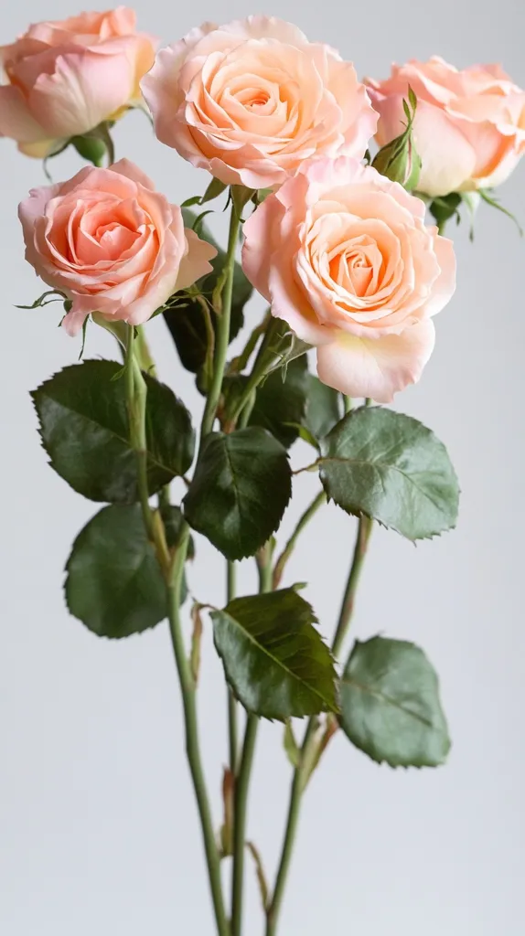A bouquet of five delicate peach roses with green leaves. The roses are in full bloom, with their petals unfurling and showcasing their soft pink color. The stems are slender and graceful, while the leaves are rich in color and texture.  The image is captured against a white background, highlighting the beauty of the roses.