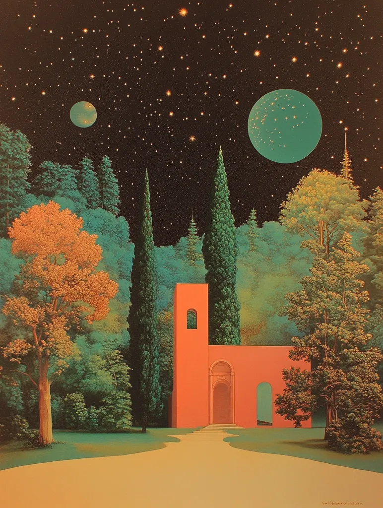 A large, salmon-colored building stands in the middle of a forest. Tall trees stand on either side of the structure, and a path leads towards its entrance. The sky above is black with a scattering of stars, along with two bright planets.
