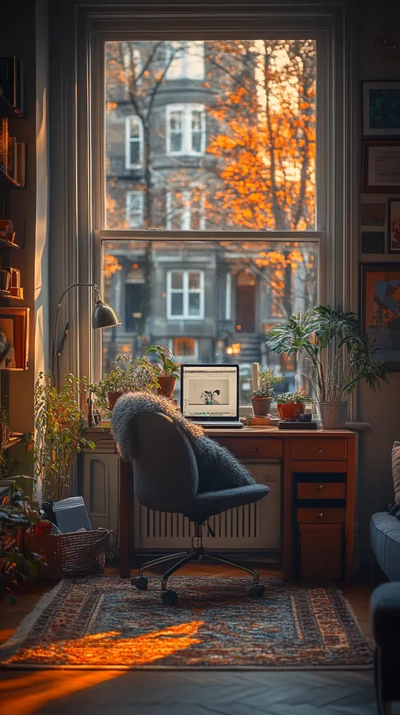 A cozy home office with a large window overlooking a street lined with trees. Sunlight streams through the window, casting a warm glow on the wooden desk and a comfortable office chair. The room is decorated with houseplants and artwork, creating a relaxing atmosphere. A laptop rests on the desk, suggesting work in progress.  The scene evokes a sense of quiet productivity amidst the beauty of nature.